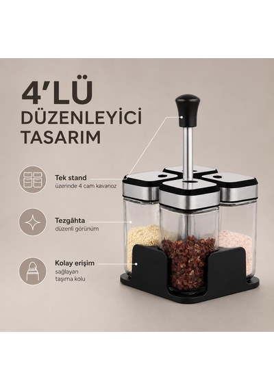 4 Lü Cam Baharatlık Seti, Standlı Paslanmaz Çelik Kapaklı Baharatlık Çok Renkli