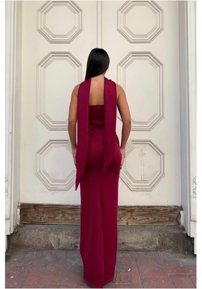 DefyModa Kadın Scuba Esnek Kumaş Straplez Balık Kesim Abiye Elbise Bordo