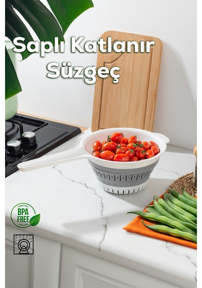 804 Çok Amaçlı Katlanabilir Saplı Yıkama Süzgeci - Akordiyon Pirinç Meyve Sebze Leğeni 3 L Plastik Diğer