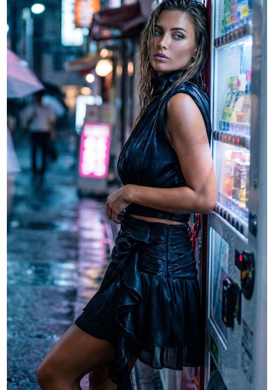 Fashion Cocktail Glam Rock Parisian Parlak Dokulu Yüksek Bel Saçaklı Etek Dik Yaka Kolsuz Bluz Kombin Moss İkili Takım Set siyah