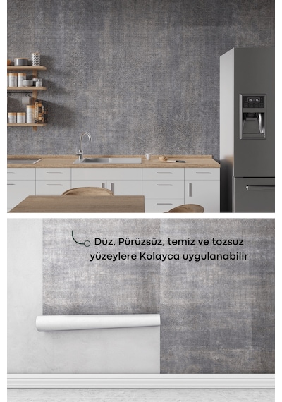 Technojet Kendinden Yapışkanlı Dokulu Çimento Görünümlü Mutfak Duvar Dolap Masa Kaplama 60cmx500cm Antrasit