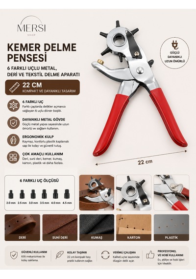 Kemer Delme Pensesi 6 Farklı Uçlu, Metal, Deri Ve Tekstil Delme Aparatı 22 Cm 6 Boy