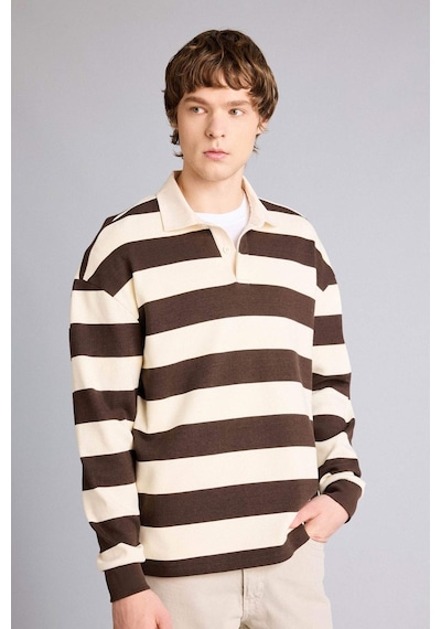 Defacto - Boxy Fıt Polo Yaka Waffle Sweatshirt E8440AX25AU Kahve