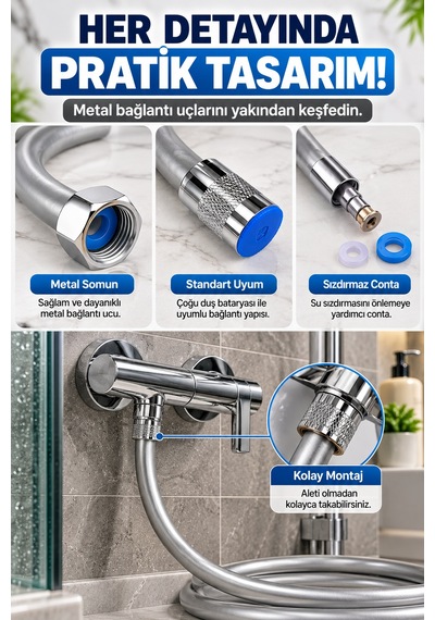 150 Cm Gri Pvc Duş Hortumu Esnek Banyo Duş Başlığı Hortumu Metal Bağlantılı Pratik Kullanım Tek Adet