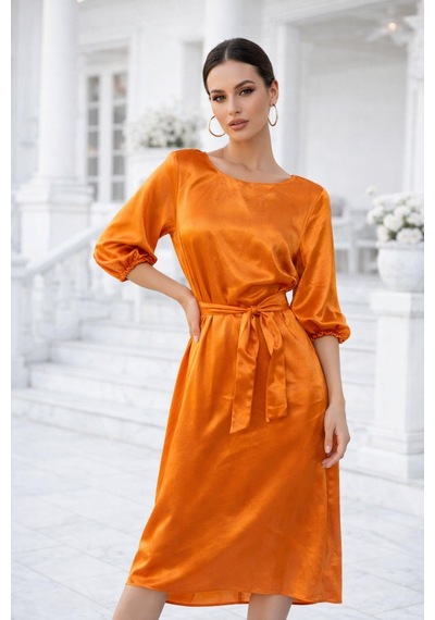 Rich Kadın Turuncu Kuşaklı Bisiklet Yaka Midi Boy Fakir Kollu Saten Elbise Turuncu