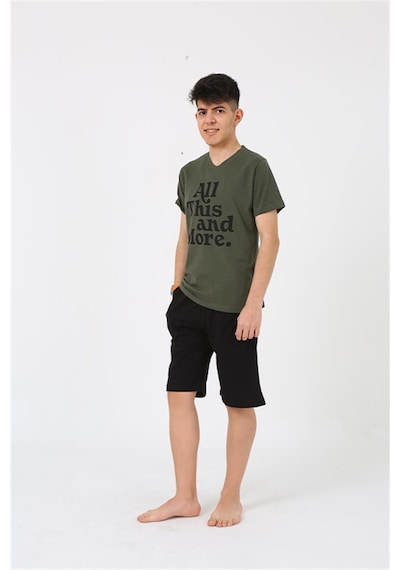 Akbeniz Erkek Genç Garson Boy Kısa Kol Haki Penye Şortlu Pijama Takımı 20377