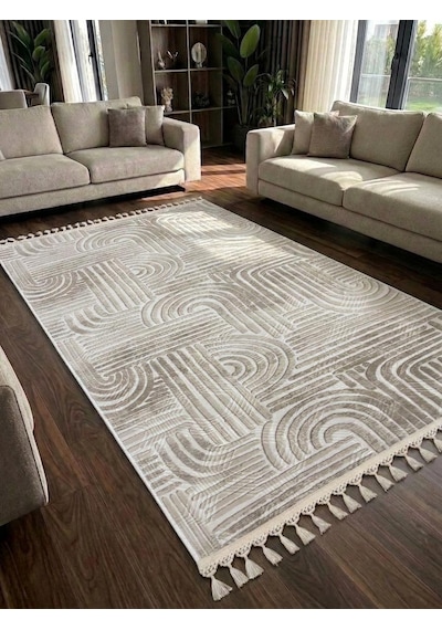 Kaymaz Taban Krem Bej Modern Desenli Yıkanabilir Saçaklı Salon Oturma Odası Mutfak Halı Yolluk