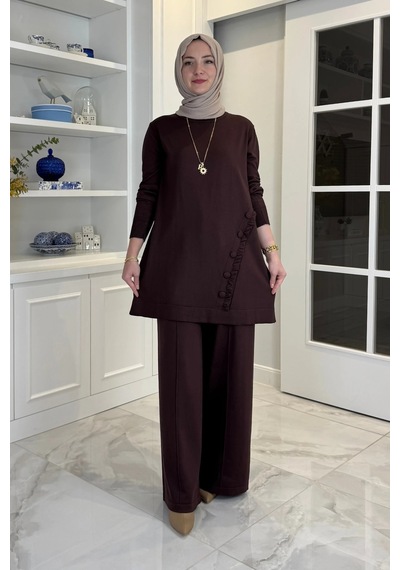 Rabia Şamlı Feryal Pantolonlu Triko Takım Acı Kahve Normal