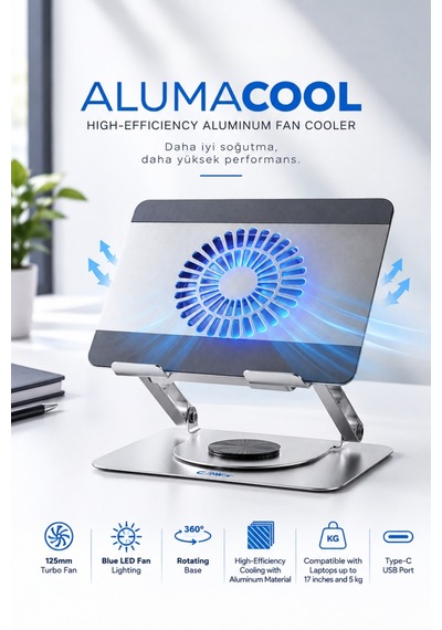 Alumacool Sessiz, Turbo Güçlü Alüminyum Laptop Soğutucu Stand