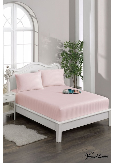 %100 Pamuk Çizgili Saten Tek / Çift Kişilik Lastikli Çarşaf Seti 100x200 120x200 160x200 180x200 Pembe