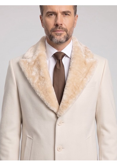 Plus Scorpion Erkek Uzun Kaşe Kaban Çıkartılabilir Kürk Yaka, Astarlı Ve Cepli Slim Fit Mont Krem