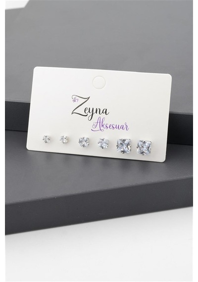 Kadın Basic Zirkon Taşlı 3 Boy Kare Model 6'lı Küpe Seti - Gümüş