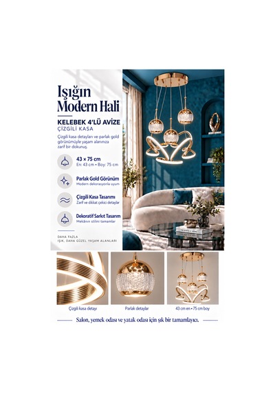 Kelebek 4 Lü Büyük Modern Ledli Avize Çizgili 3 Renk Power Ledli Gold Kaplama Yatak Odası Salon Mutfak