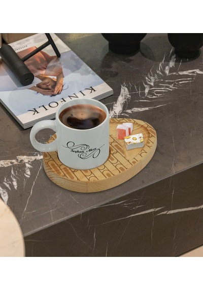 Kişiye Özel Modern Art Tasarımlı Doğal Ahşap Tabaklı Türk Kahvesi Fincanı Sunum Seti Model 19