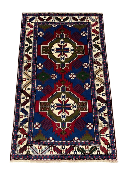 El Dokuması Sıfır Kafkas Halısı 128x210 Lacivert Yeşil Kök Boya %100 Yün Halı