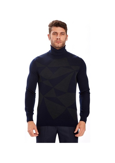Ecer Erkek Triko Kazak - Geometrik Desen - Uzun Kol - Minimalist Lacivert