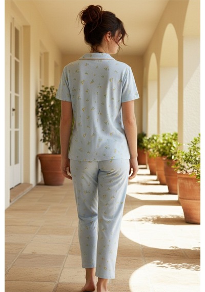 Siyah İnci Düğmeli Biyeli Viskon Örme Pijama Takım 26120761 mavi