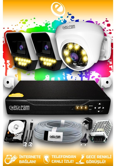 Elitcam 3 Kameralı Süper 1 İç Kamera Set 2 TB 5 MP 2K Net Renkli Gece Görüşlü Güvenlik Kamerası Sistemi