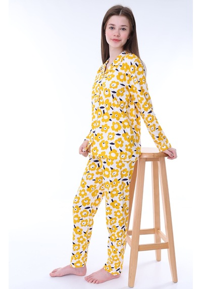 Zuzunga Sarı Papatya Desenli Düğmeli %100 Pamuk Kız Çocuk Pijama Takımı Sarı