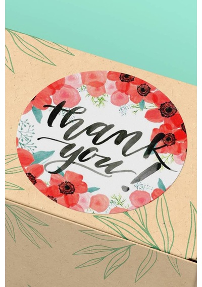 90 Adet Thank You Teşekkür Etiketi Kırmızı Çiçekli 3x3cm St2049 Çok Renkli