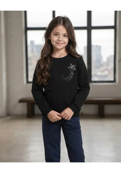 Alfa Kız Çocuk Siyah Taşlı Kol Taslı Sweatshirt