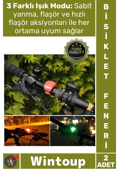 Bisikletfeneri Led 3 Fonksiyonlu Su Geçirmez Pilli Emniyet Lambası Güvenliği Bisiklet Feneri Seti
