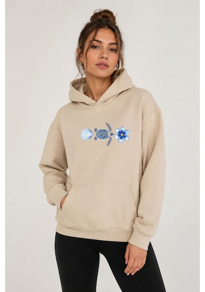 Herkesemoda Deniz Temalı Kaplumbağa Baskılı Kapüşonlu 2 İplik Şardonlu Sweatshirt Bej