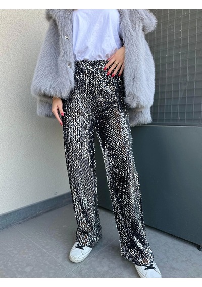 Keymoda Kadın Pullu Pantolon Gümüş Siyah