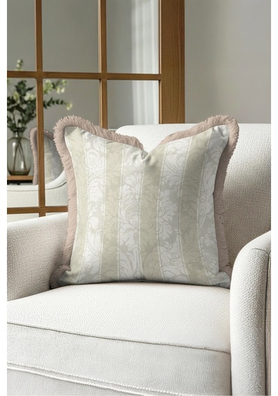 Vintage Damask Motifli Saçaklı Yastık Kılıfı - Avangart Çiçekli Krem Vizon Püsküllü Kırlent Kılıfı Siyah