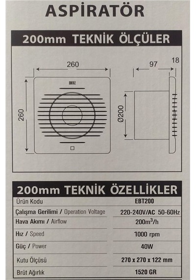 Nisa Luce 200 Mm Havalandırma Fanı Ebt200