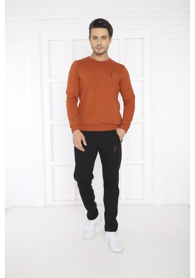 Escetic Erkek Spor Slimfit, Bisiklet Yaka, Kiremit Sweatshirt Tak Kiremit