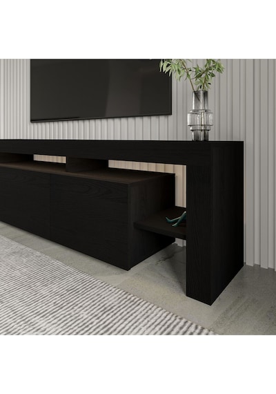 Beliz Modern LED Işıklı 3 Kapaklı, Raflı TV Sehpası – 192 cm, Ahşap Siyah Beliz Modern LED Işıklı 3 Kapaklı, Raflı TV Sehpası – 192 cm, Ahşap Siyah