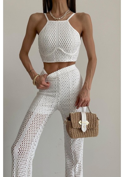 Fashion Cocktail Kısa Astarlı Fileli Lastik Bel Dar Kombin Modern Pantolon Beyaz