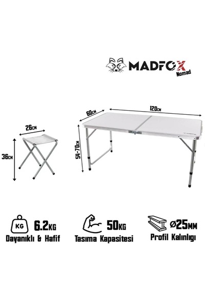 Madfox Beyaz Tabureli Katlanır Kamp Masası Seti