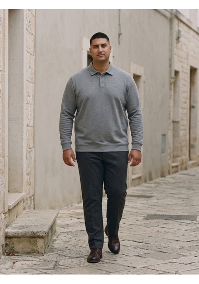 Maccali Erkek Gri Melanj Büyük Beden Polo Yaka Battal Sweatshirt
