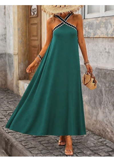 Efnaz Style Kadın Önden Çapraz Lastik Detaylı Omuzlardan Açık Uzun Janjan Krep Elbise Yeşil Efnaz Style Kadın Önden Çapraz Lastik Detaylı Omuzlardan Açık Uzun Janjan Krep Elbise Yeşil