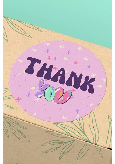 Mor Retro Thank You Hediye Kargo Paketleme Sticker 3x3cm St2115 Çok Renkli