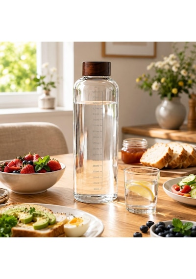 1000 Ml Akasya Kapaklı Cam Matara Ölçekli Su Şişesi Sızdırmaz Kapaklı Şeffaf Cam Suluk Diğer