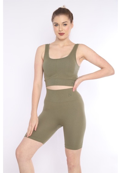 Escetic Kadın Spor, Haki Toparlayıcı, Yüksek Bel Fitnes Bra Şort-tayt Takım-4311 - Xs
