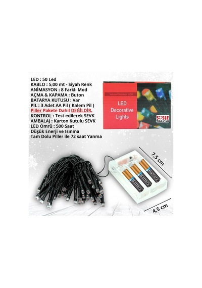 Pilli Ve Animasyonlu 50 Led X 5 Mt - Kırmızı Led Işık