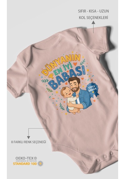 Morivokids Dünyanın En İyi Babası Kısa Kollu Bebek Body %100 Pamuk Pastel Pembe