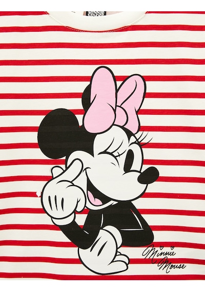 Koton Lisanslı Minnie Mouse Baskılı Kısa Kollu Bisiklet Yaka Pamuklu Çizgili Tişört Kırmızı Çizgili 6skg10654ak