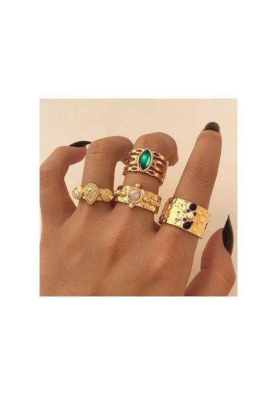 Crown 4 Adet Gold Renkli Yeşil Taşlı Retro & Vintage Tasarım Çoklu Altın Yüzük Seti