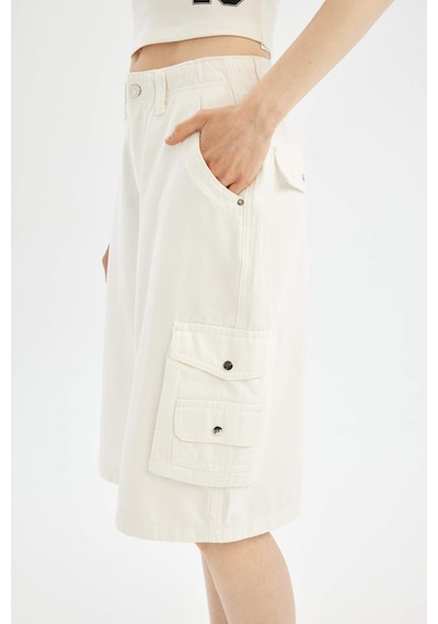 Defacto Coool Yüksek Bel Gabardin Bermuda Şort D1250AX24SMWT32 Beyaz