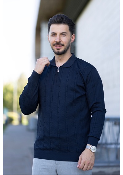 Hk Premium Triko Kazak Polo Yaka Fermuarlı Slim Fit Lacivert