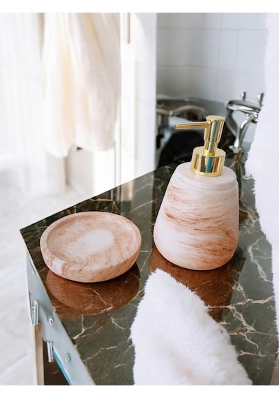 Marble Bej Serisi Beton Sıvı Ve Katı Sabunluk Seti Gri