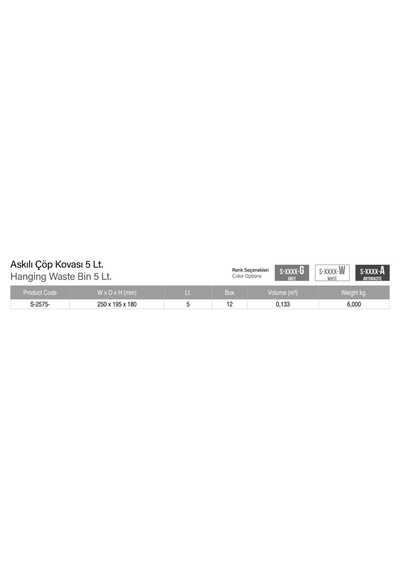 Starax Askılı Çöp Kovası 5lt. Gri S-2575-a