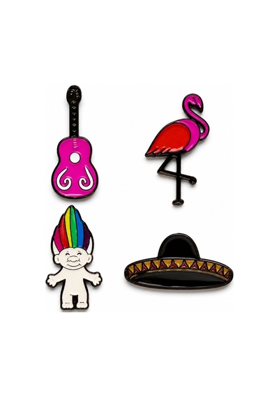 Renkli Retro Figürler 4'lü Metal Rozet Seti Gitar, Flamingo, Troll Ve Sombrero Gri