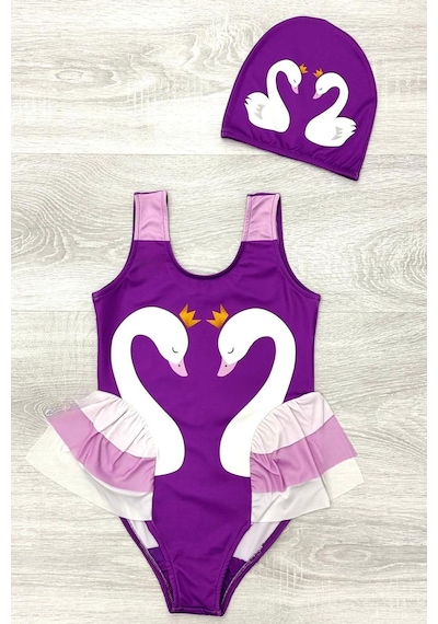 My Kids Wear Zarif Kuğu Desenli Üç Kat Fırfır Detaylı Boneli Kız Çocuk Mayo Kırmızı - Siyah