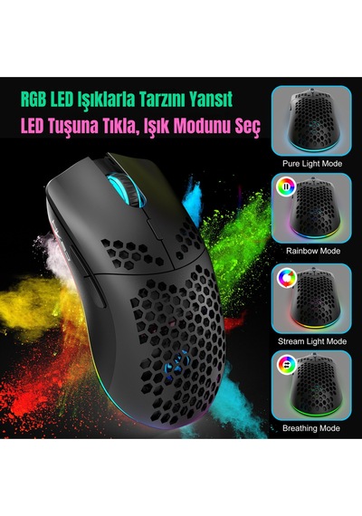 T66 Kablosuz 3 Modlu Mouse-650 Mah Batarya - 12000 Fps - 20g - Rgb Aydınlatma Diğer
